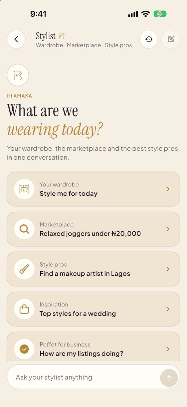 Peffet stylist welcome screen